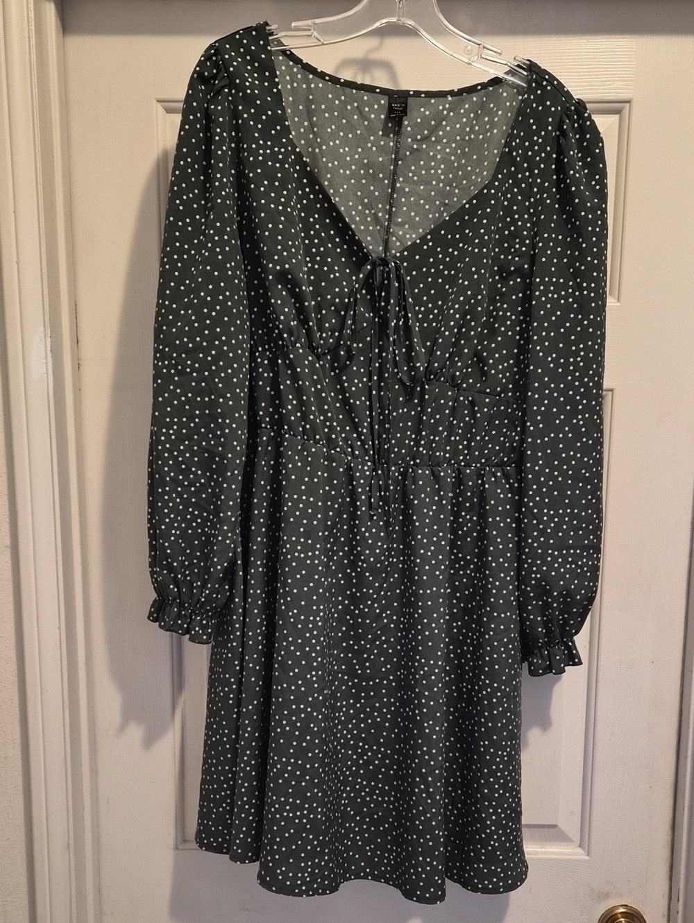 Green Polka Dot Long Sleeve Tie-Front Dress